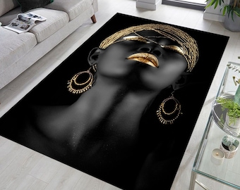 Black and Gold Woman Portrait Rug, Cotton Polyester Blend