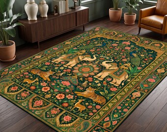 Royal Elephant Garden Rug, Botanical Wildlife Carpet, Vintage Floral Elephant Rug, Exotic Nature Decor, Elegant Home Decor