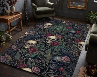Tapis gothique à motif floral et crâne, fleurs violettes, décoration inspirée de l'univers de la sorcière
