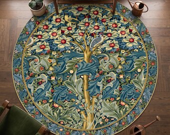 Morris Style Round Rug-Floral Nature Art Circle Carpet-Tree Of Life Circle Rug-Vintage Rug - Bohemian Round Carpet-Modern Living Room Rug