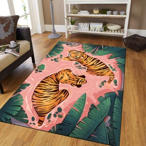 Botanical Tiger Leopard Print Rug, Rustic Wild Animal Rug, Exotic Animal Rug, Unique Area Rug, Tiger Pattern Rug, Ethnical Plant Rug