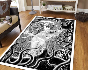 Medusa Statue Rug, Black and White Cotton Blend, Greek Mythology