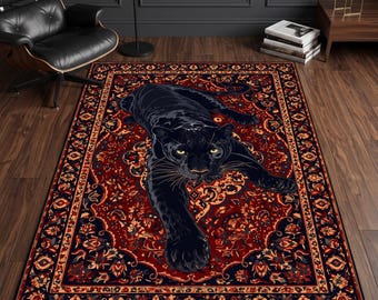 Black Panther Rug, Vintage Oriental Carpet Design, Animal Print Hallway Rug, Gothic Dark Decor