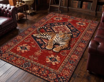 Tiger Wildlife Rug: Red Navy Oriental Carpet, Bengal Tiger Portrait, Tribal Geometric Folk Decor
