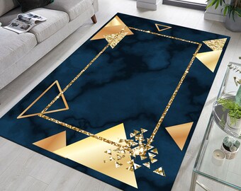 Blue and Gold Marble Rug, Geometric Modern Area Rug