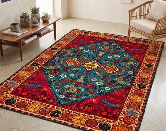 Colorful Boho Anatolian Pattern Printed Rug: Teal Red Carpet, Non-Slip Machine-Machine Washable