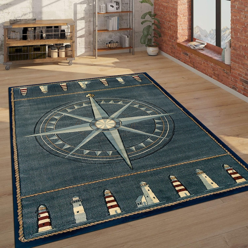 Tappeto nautico a forma di faro, design a forma di bussola, tappeto a forma di bussola, decorazione per tappeti, arredamento per saloni, arredamento per sale da pranzo, tappeto fantastico, tappeto per area, tappeto personalizzato, antiscivolo immagine 6