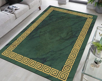Green Greek Key Rug, Modern Gold Wave Border, Printed Area Rug