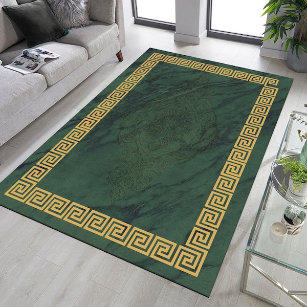 Green and Gold Ancient Greek Wave Rug, Greek Mythology, Modern Rug, Printed Carpet, Home Decor, Living Room Rug, Area Rug, Machine Washable