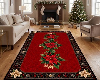 Christmas Poinsettia Area Rug, Xmas Decor Carpet, New Year Mat