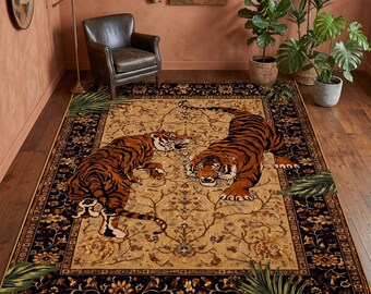 Vintage Oriental Tiger Rug – Bold Jungle Animal Carpet, Eclectic Home Decor