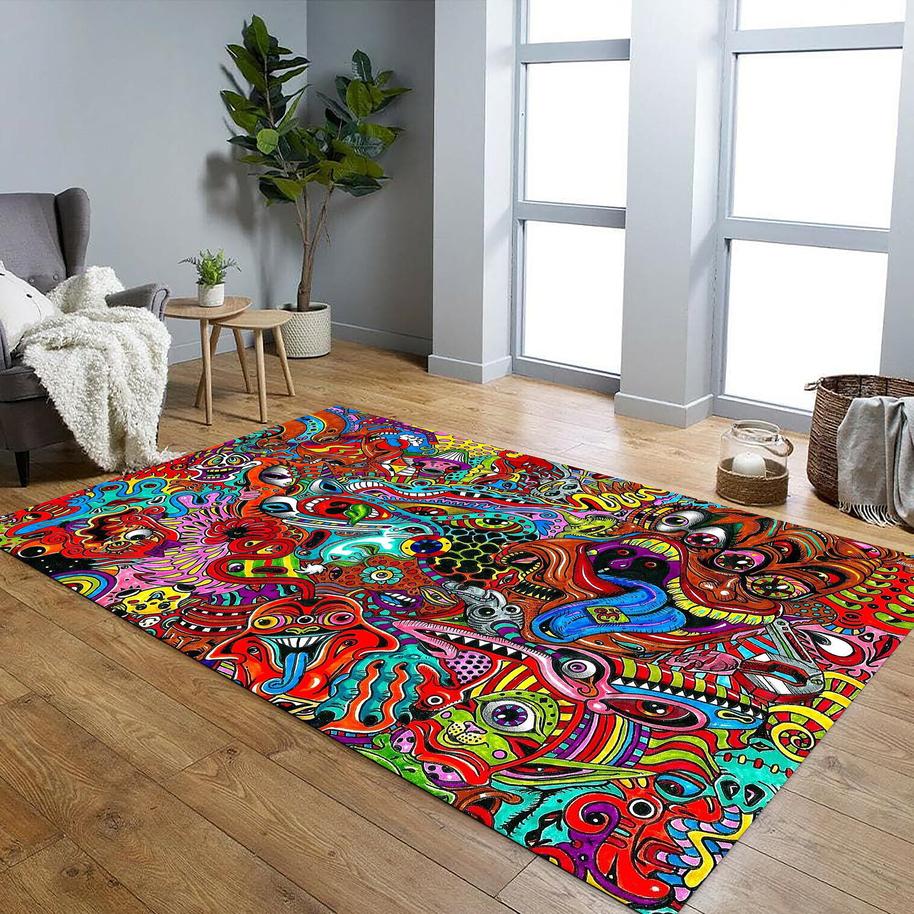 Psychedelic Art Rug, Colorful Trippy Tapestry, Anti-slip Cotton Base - Etsy