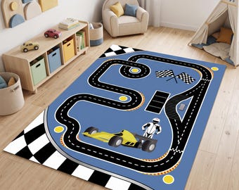 Race Track Kids Rug,Formula Car Racing Design for Playroom Nursery,Blue Road Carpet,Washable rug NonSlip Rug,Toddler Child Bedroom Floor Mat