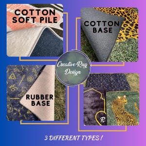 Pu&ograve; includere: Immagine che mostra campioni di tappeti con diversi materiali di base: cotone a pelo morbido, base in cotone e base in gomma. I tappeti presentano vari disegni, tra cui una stampa leopardata e un motivo con simboli dorati. Il testo recita "Creative Rug Design" e "3 DIFFERENT TYPES!"
