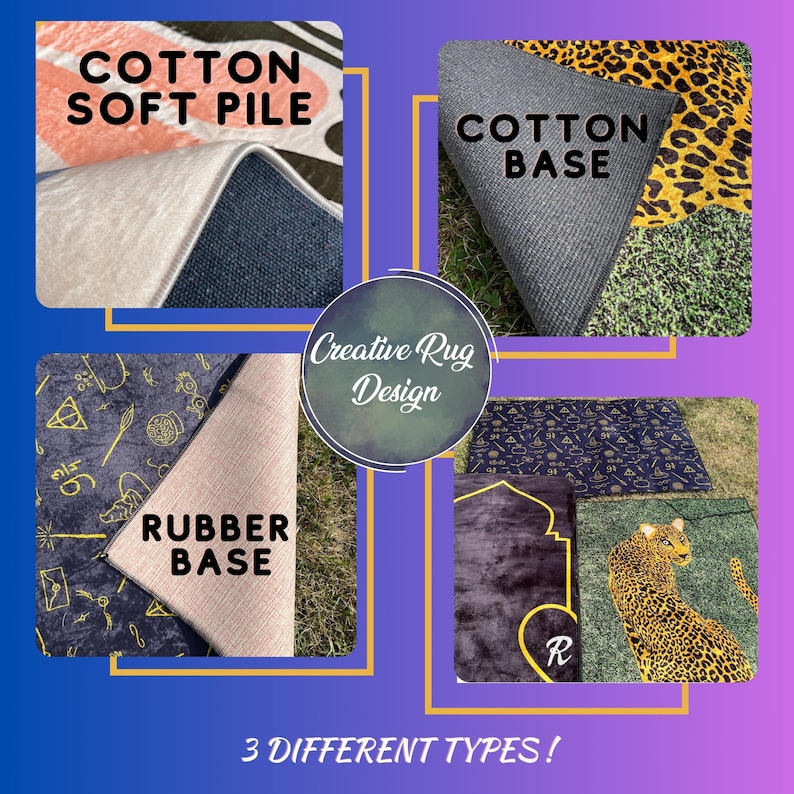 Pu&ograve; includere: Immagine che mostra campioni di tappeti con diversi materiali di base: cotone a pelo morbido, base in cotone e base in gomma. I tappeti presentano vari disegni, tra cui una stampa leopardata e un motivo con simboli dorati. Il testo recita "Creative Rug Design" e "3 DIFFERENT TYPES!"