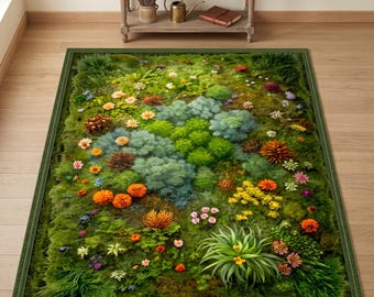 Moss Rug For Cottagecore Decor, Wildflower Rug For Floral Room Decor, Botanical Rug For Farmhouse Decor, Plant Rug, Green Living Room Rug