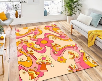 Mushroom Rug, Retro Floral Design, Kids Playroom Rug