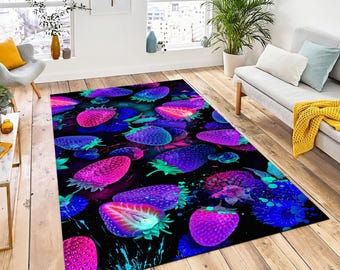 Neon Strawberry Rug, Colorful Fruit Print, Cotton Base