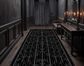 Gothic Black Runner Rug: Ornate Iron Gate Carpet, Dark Victorian Pattern, Elegant Entryway Decor