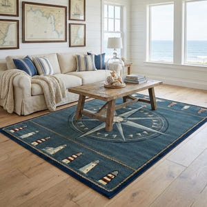 Tappeto nautico a forma di faro, design a forma di bussola, tappeto a forma di bussola, decorazione per tappeti, arredamento per saloni, arredamento per sale da pranzo, tappeto fantastico, tappeto per area, tappeto personalizzato, antiscivolo immagine 4