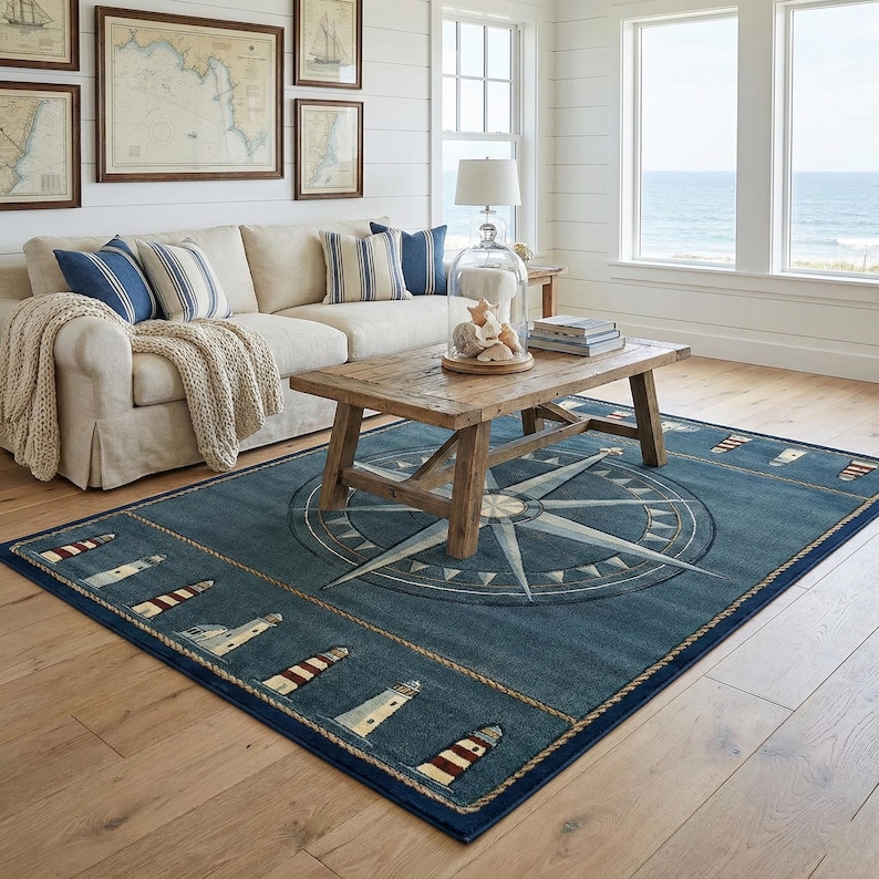 Tappeto nautico a forma di faro, design a forma di bussola, tappeto a forma di bussola, decorazione per tappeti, arredamento per saloni, arredamento per sale da pranzo, tappeto fantastico, tappeto per area, tappeto personalizzato, antiscivolo immagine 4