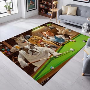 Dogs Playing Pool Rug, Funny Bar Decor, Billiard Room Rug