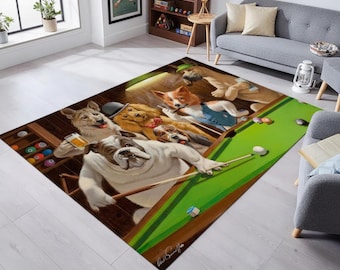 Dogs Playing Pool Rug, Funny Bar Decor, Billiard Room Rug