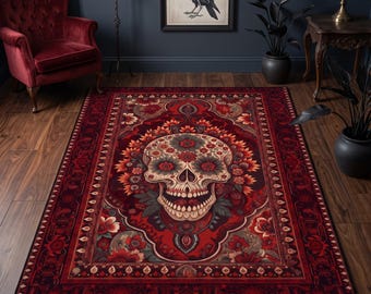 Skull Rug, Moody Rug For Gothic Home Decor, Sugar Skull Bloom Rug, Dark Red Gothic Rug For Dark Academia Decor, Horror Rug, Halloween Rug