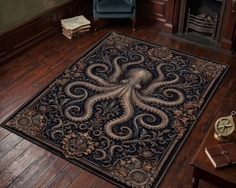 Victorian Octopus Area Rug, Gothic Nautical Kraken Decor, Baroque Coastal Carpet