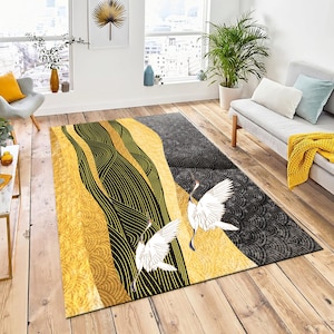 Japanese Art Crane Bird Rug, Crane Birds Carpet, Gold Texture Rug, Luxury Rug For Room, All Size Custom, Modern Carpet, Cool Rug, Animal Rug