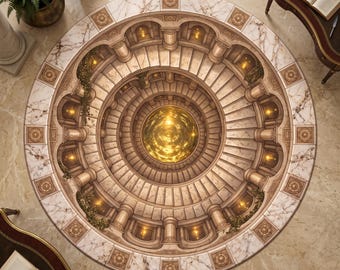 3D Optical Illusion Spiral Staircase Round Rug, Marble Endless Stairs Decor