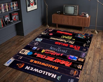 Horror Movies VHS Tape Rug, Retro Halloween Decor, Slasher Movie Collage Mat