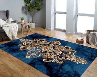Blue and Gold Damask Cotton Rug, Floral Ethnic Carpet