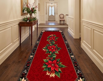 Christmas Poinsettia Runner Rug, Xmas Hallway Decor
