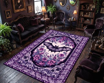 Goth Rug For Gothic Home Decor, Maximalist Rug, Gothic Bat Rug, Washable Bedroom Rug For Eclectic Home Decor, Goth Gift, Purple Rococo Rug
