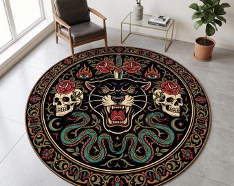 Tattoo Panther Round Rug, Traditional Tattoo Art Carpet, Skull Rose Snake Rug, Gothic Alternative Decor, Flash Art Rug