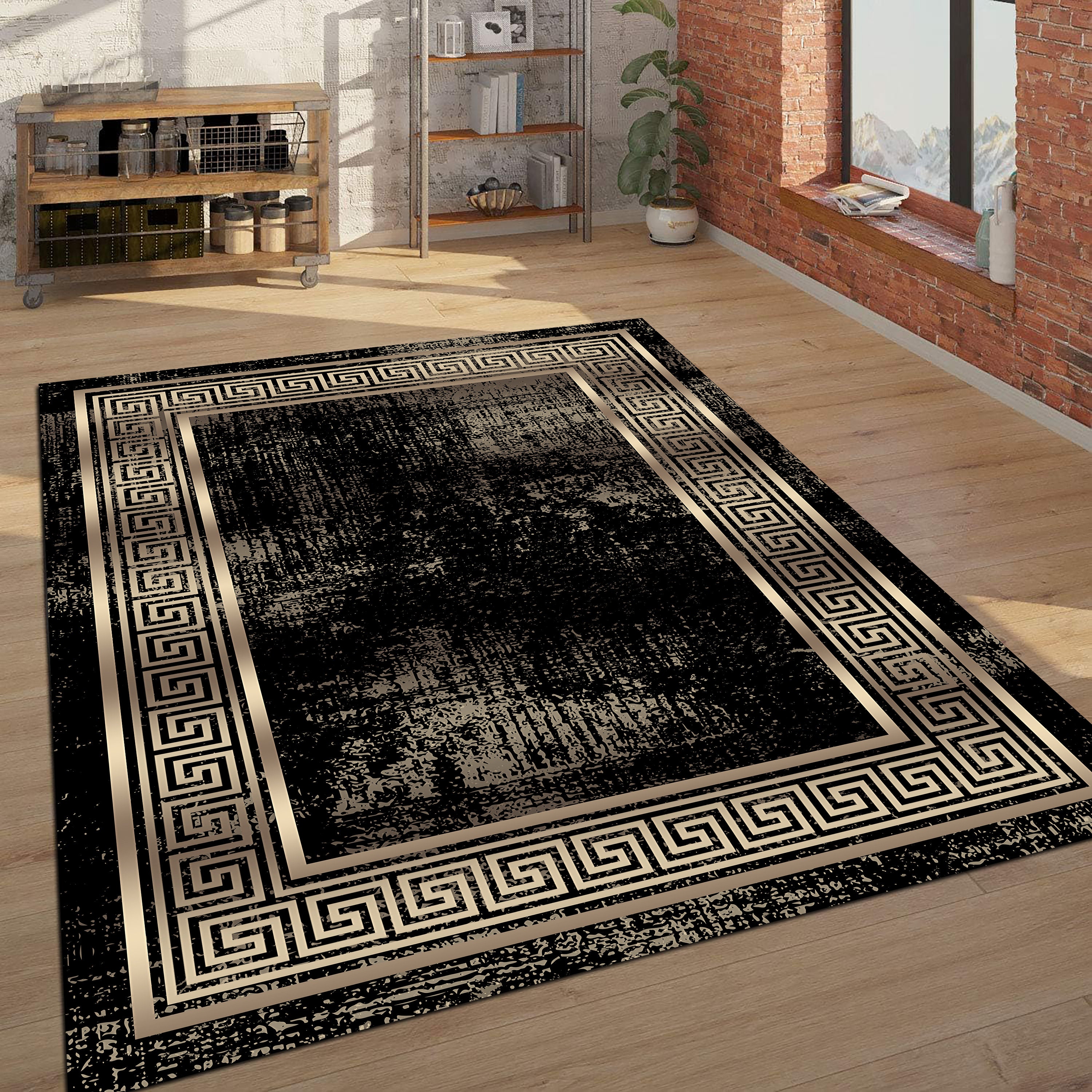 Black and Gold Greek Key Rug, Ancient Wave Design - Etsy