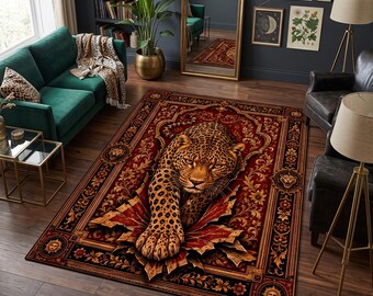 Leopard Area Rug, 3D Breakthrough Animal Carpet, Gothic Floral Rug, Luxury Wildlife Decor, Statement Living Room Rug