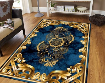 Blue and Gold Oriental Rug, Ethnic Damask Design, Cotton Base