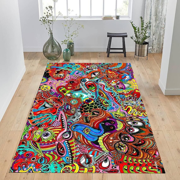 Psychedelic Tapestry Rug, Trippy Tapestries Art Rug, Abstract Art Rug, Modern Rug, Anti-Slip Mat, Salon Rug, Personalized Rug, Colorful Rug