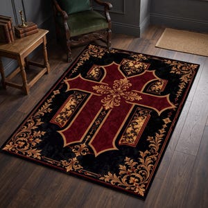 May include: A rectangular area rug featuring a large, central deep red cross design set against a black background. The rug is decorated with intricate gold-coloured filigree and scrollwork patterns that frame the cross and border the edges.