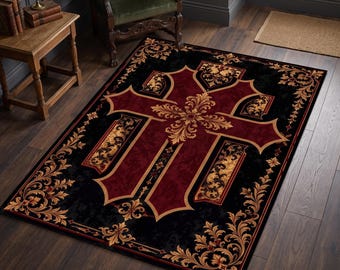 Gothic Cross Area Rug: Burgundy Black Christian Design, Ornate Gold Baroque Washable Cathedral Decor