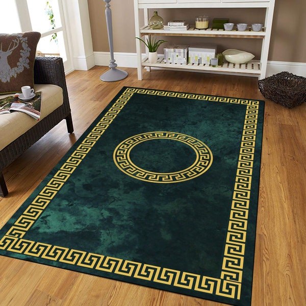 Green and Gold Ancient Greek Wave Rug, Greek Mythology, Modern Rug, Printed Carpet, Home Decor, Living Room Rug, Area Rug, Machine Washable