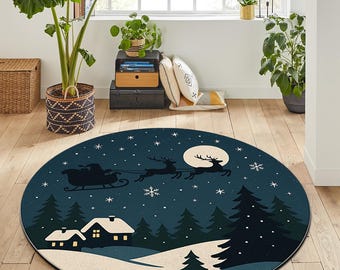 Tapis rond de Noël, tapis de sol décoratif lavable à motif cerf, impression numérique, tapis antidérapant