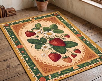 Vintage Strawberry Rug, Retro Non-Slip Rug For Cottagecore Decor, Washable Area Rug, Aesthetic Fruit Rug For Farmhouse Kitchen Decor