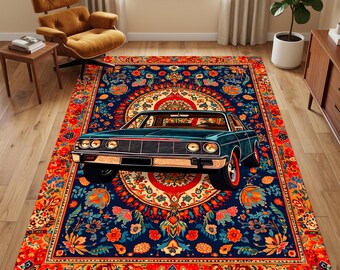 Classic Car Area Rug, Car Carpet, Retro Automobile Rug, Colorful Floral Medallion Rug, Garage Man Cave Living Room Decor