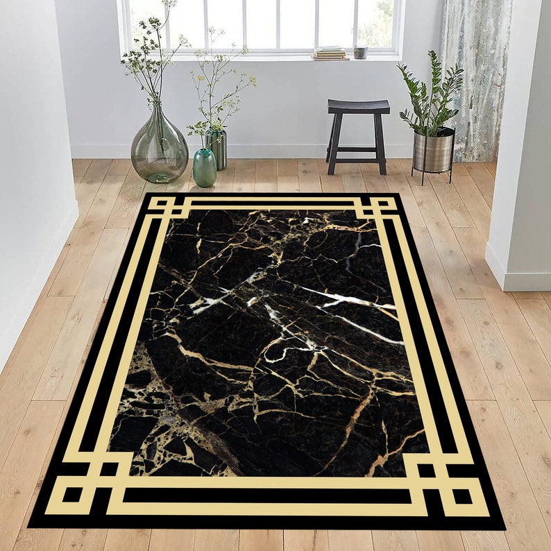 Black and Gold Marble Area Rug, for Living Room, Medusa Carpet, Greek