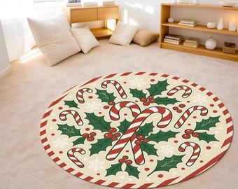 Christmas Candy Cane Rug, Holiday Decor, Washable Mat, Xmas Gift Carpet