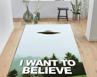 I Want to Believe UFO Rug, Retro Sci-Fi Cotton Mat
