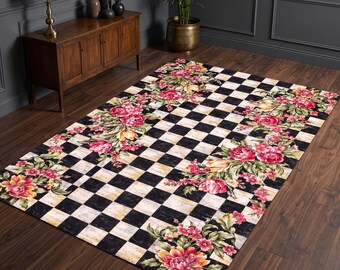 Black Floral Checkerboard Area Rug-Vintage Chessboard Design Accent Carpet-Faded Checkered Mat-Botanical Floor Mar-Machine Washable Rug